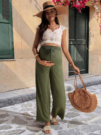 Army Green Wide Leg Maternity Pants – Comfortable Elastic High Waist Pleated Straight Leg Palazzo Trousers for Summer Casual & Commuting