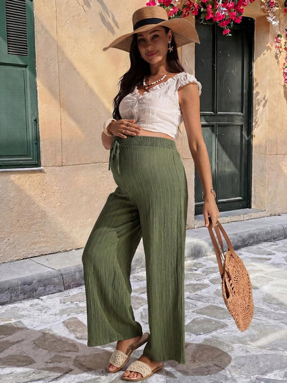 Army Green Wide Leg Maternity Pants – Comfortable Elastic High Waist Pleated Straight Leg Palazzo Trousers for Summer Casual & Commuting