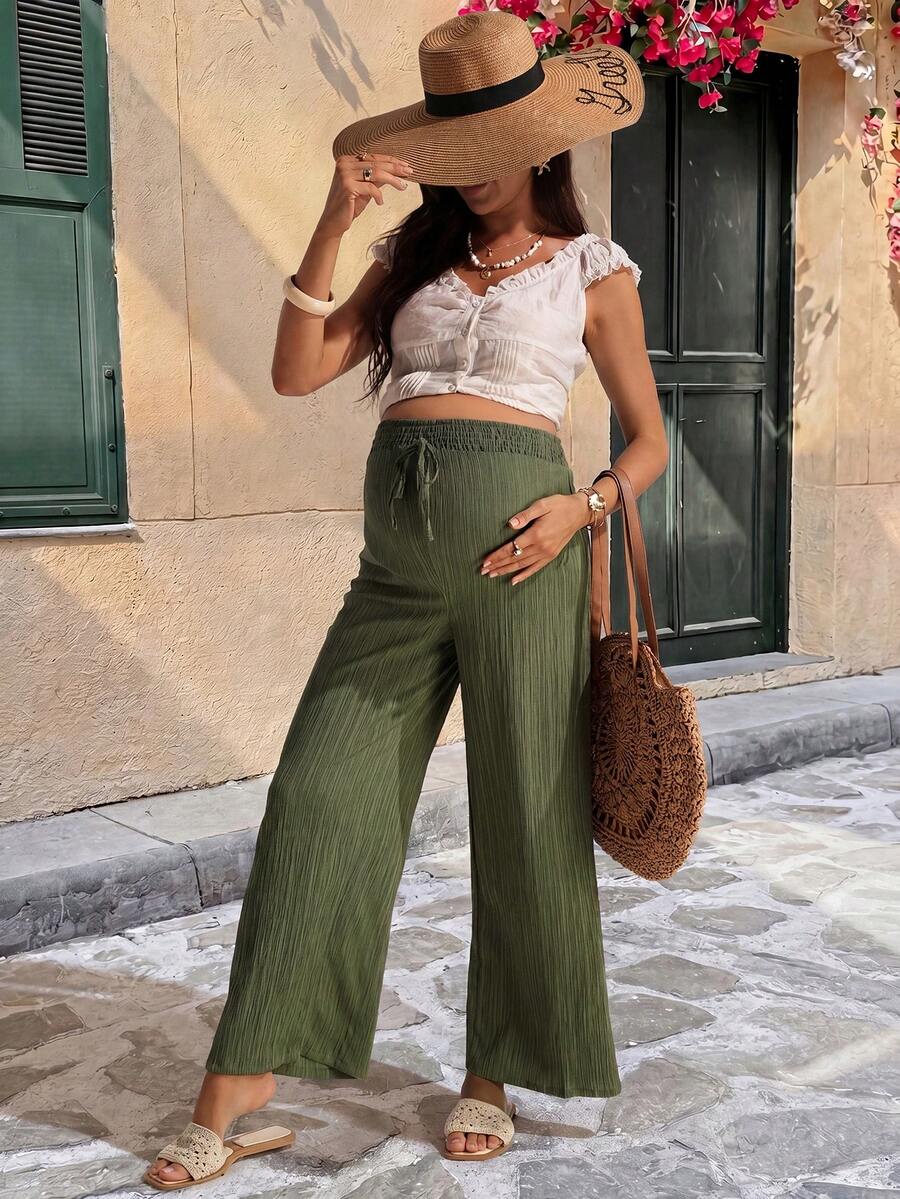 Army Green Wide Leg Maternity Pants – Comfortable Elastic High Waist Pleated Straight Leg Palazzo Trousers for Summer Casual & Commuting