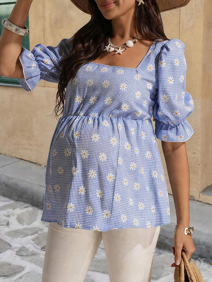 Maternity Blue Gingham Daisy Print Square Neck Top - Plus Size Cute Puff Sleeve Maternity Blouse - Flared Hem Short Sleeve Summer Beach Top