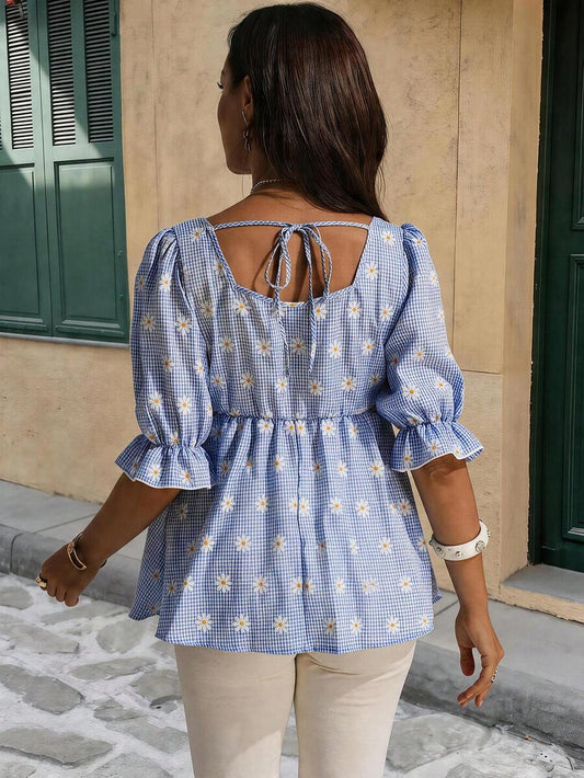 Maternity Blue Gingham Daisy Print Square Neck Top - Plus Size Cute Puff Sleeve Maternity Blouse - Flared Hem Short Sleeve Summer Beach Top