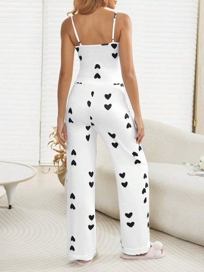 Multicolor Heart Print Maternity Lounge Set – 2-Piece Knit Camisole & Long Pants Pregnancy Sleepwear Set with Medium Stretch for Home Comfort