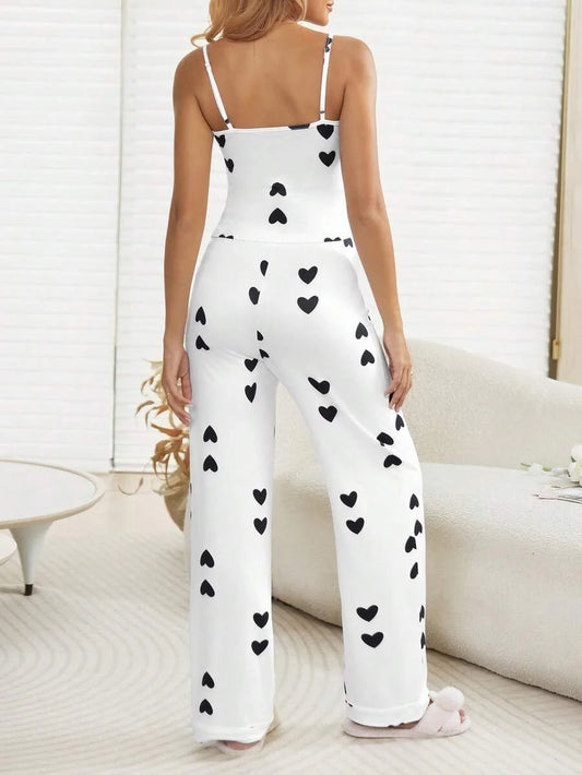 Multicolor Heart Print Maternity Lounge Set – 2-Piece Knit Camisole & Long Pants Pregnancy Sleepwear Set with Medium Stretch for Home Comfort