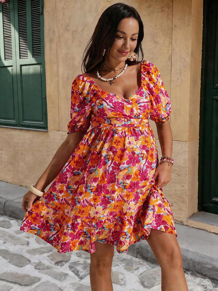 Multicolor Floral Maternity Summer Dress – Sweetheart Neckline A-Line Boho Mini Dress with Puff Lantern Sleeves, Criss-Cross Front & Bow Tie Back