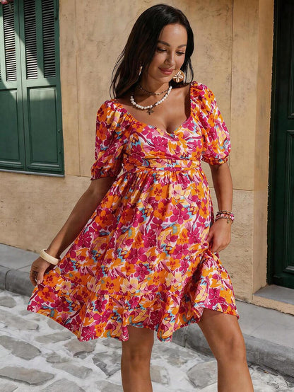 Multicolor Floral Maternity Summer Dress – Sweetheart Neckline A-Line Boho Mini Dress with Puff Lantern Sleeves, Criss-Cross Front & Bow Tie Back