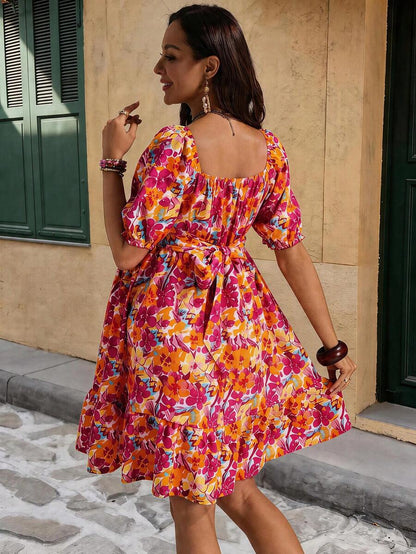 Multicolor Floral Maternity Summer Dress – Sweetheart Neckline A-Line Boho Mini Dress with Puff Lantern Sleeves, Criss-Cross Front & Bow Tie Back