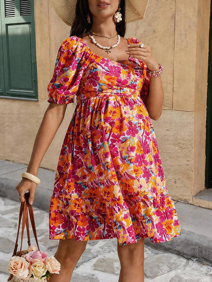 Multicolor Floral Maternity Summer Dress – Sweetheart Neckline A-Line Boho Mini Dress with Puff Lantern Sleeves, Criss-Cross Front & Bow Tie Back