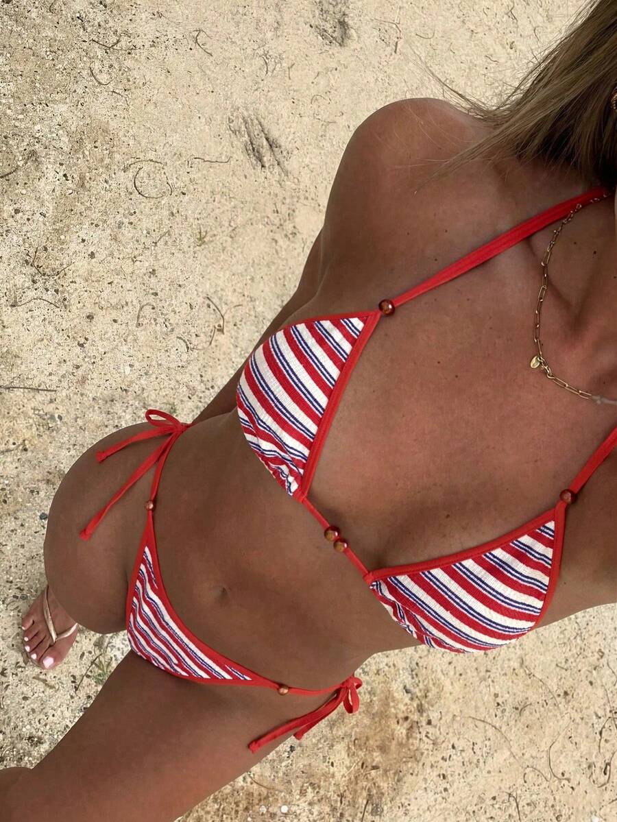 Swim Vcay Women's Summer Beach Contrast Color Halter Tie Sexy Bikini And Triangle Panty Swimwear Set Blue Bikini Yacht Party Outfit Vacation Bikini Boat Party Outfit Women Tie Side Bikini Triangle Bikini Set Light Blue Bikini