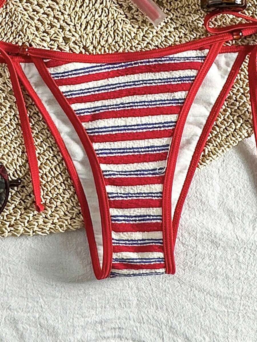 Swim Vcay Women's Summer Beach Contrast Color Halter Tie Sexy Bikini And Triangle Panty Swimwear Set Blue Bikini Yacht Party Outfit Vacation Bikini Boat Party Outfit Women Tie Side Bikini Triangle Bikini Set Light Blue Bikini