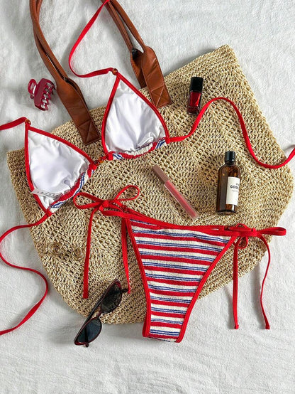 Swim Vcay Women's Summer Beach Contrast Color Halter Tie Sexy Bikini And Triangle Panty Swimwear Set Blue Bikini Yacht Party Outfit Vacation Bikini Boat Party Outfit Women Tie Side Bikini Triangle Bikini Set Light Blue Bikini