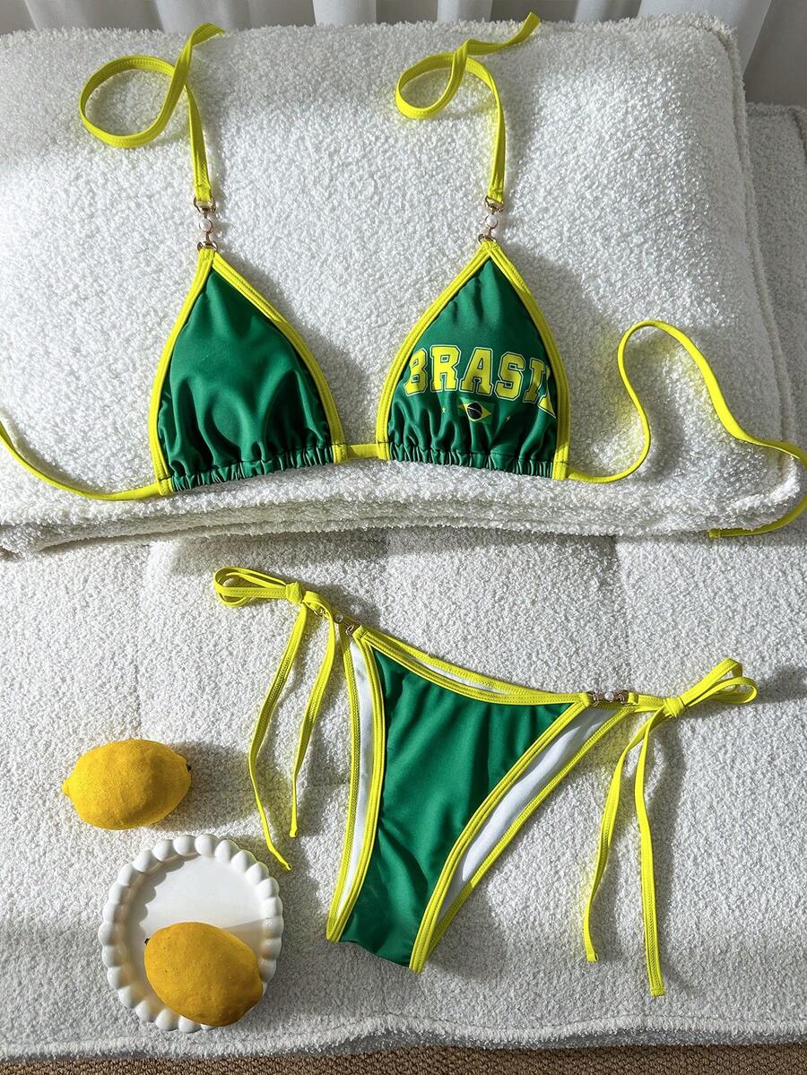 Swim Vcay Women's Summer Beach Contrast Color Halter Tie Sexy Bikini And Triangle Panty Swimwear Set Blue Bikini Yacht Party Outfit Vacation Bikini Boat Party Outfit Women Tie Side Bikini Triangle Bikini Set Light Blue Bikini