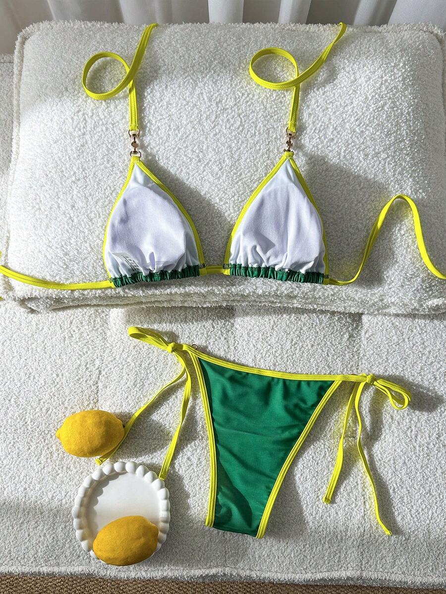 Swim Vcay Women's Summer Beach Contrast Color Halter Tie Sexy Bikini And Triangle Panty Swimwear Set Blue Bikini Yacht Party Outfit Vacation Bikini Boat Party Outfit Women Tie Side Bikini Triangle Bikini Set Light Blue Bikini