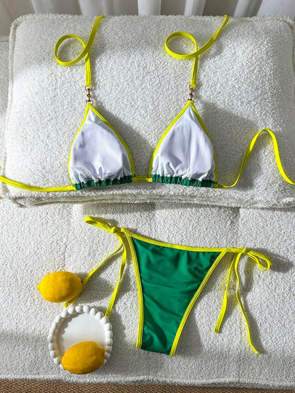 Swim Vcay Women's Summer Beach Contrast Color Halter Tie Sexy Bikini And Triangle Panty Swimwear Set Blue Bikini Yacht Party Outfit Vacation Bikini Boat Party Outfit Women Tie Side Bikini Triangle Bikini Set Light Blue Bikini