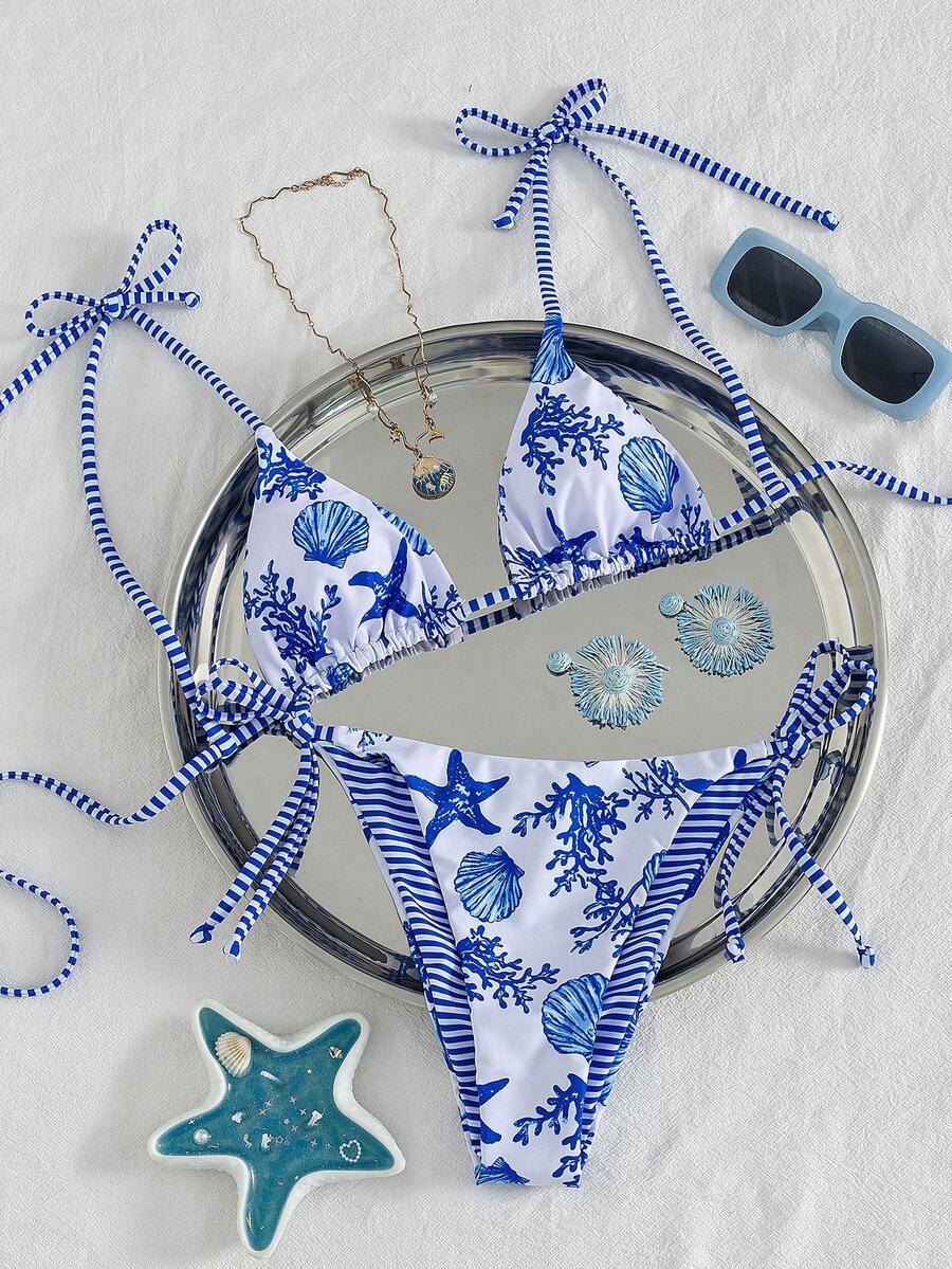 Womens Fashionable Sweet Shoulder Tie Side Bow Bikini Swimwear Removable Padded Two Piece Swimsuit Set