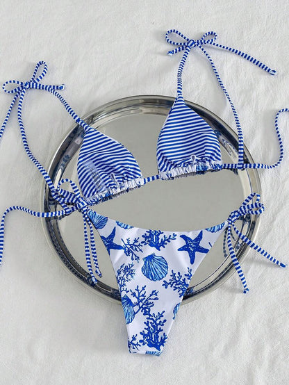 Womens Fashionable Sweet Shoulder Tie Side Bow Bikini Swimwear Removable Padded Two Piece Swimsuit Set