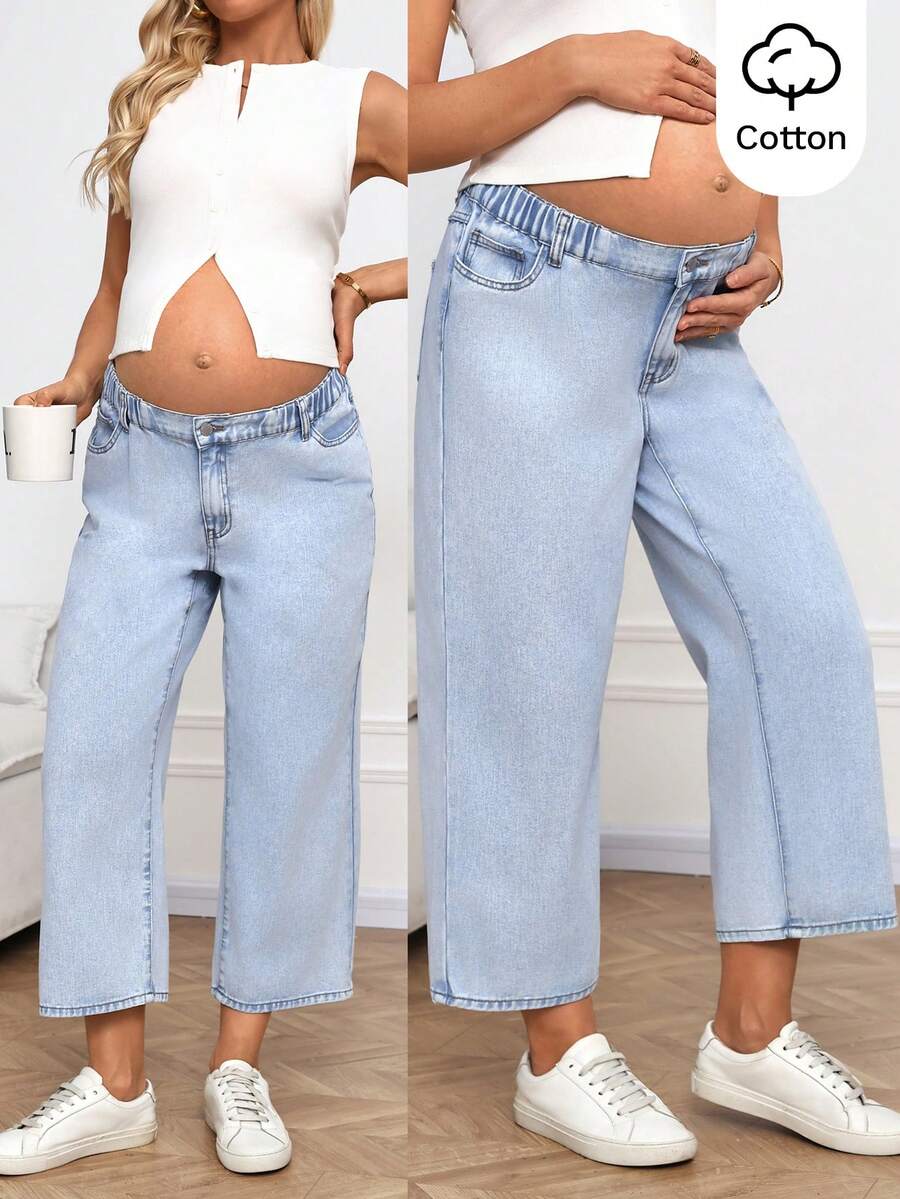 Blue Letter Print Low-Waist Straight Leg Maternity Cropped Jeans – Chic Y2K Denim Streetwear with Zipper Fly and Regular Fit