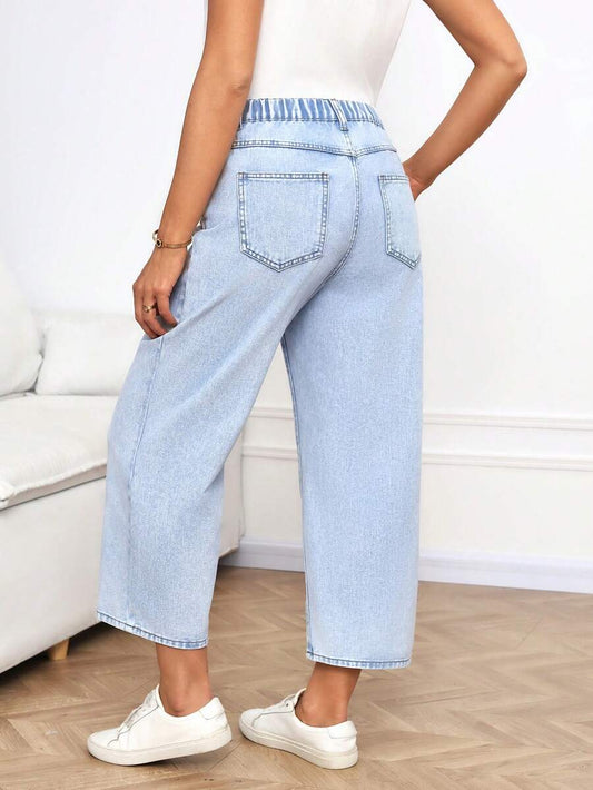 Blue Letter Print Low-Waist Straight Leg Maternity Cropped Jeans – Chic Y2K Denim Streetwear with Zipper Fly and Regular Fit