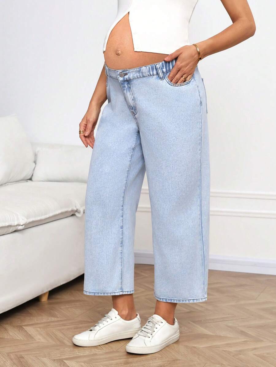 Blue Letter Print Low-Waist Straight Leg Maternity Cropped Jeans – Chic Y2K Denim Streetwear with Zipper Fly and Regular Fit