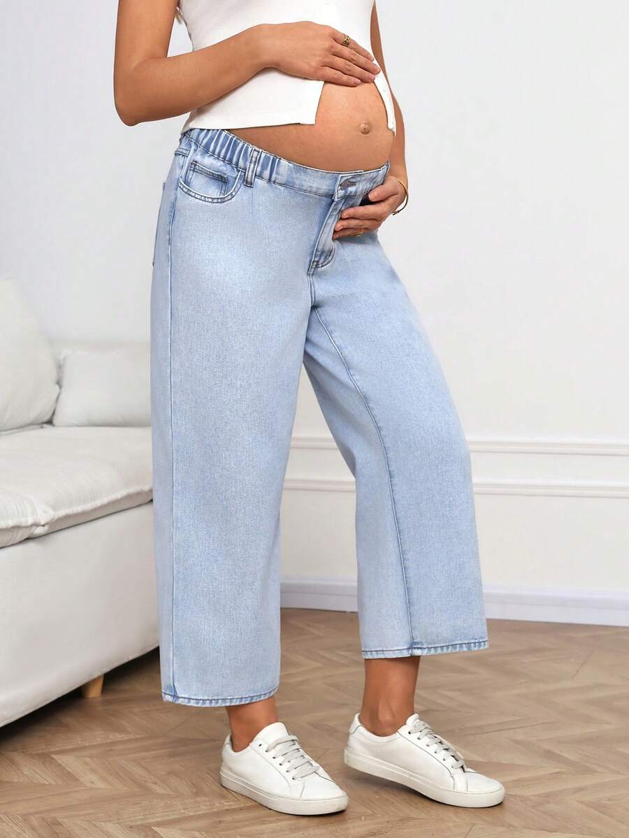 Blue Letter Print Low-Waist Straight Leg Maternity Cropped Jeans – Chic Y2K Denim Streetwear with Zipper Fly and Regular Fit