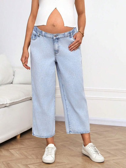 Blue Letter Print Low-Waist Straight Leg Maternity Cropped Jeans – Chic Y2K Denim Streetwear with Zipper Fly and Regular Fit