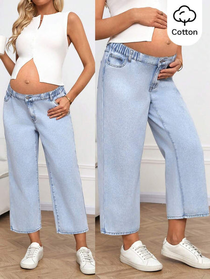 Blue Letter Print Low-Waist Straight Leg Maternity Cropped Jeans – Chic Y2K Denim Streetwear with Zipper Fly and Regular Fit
