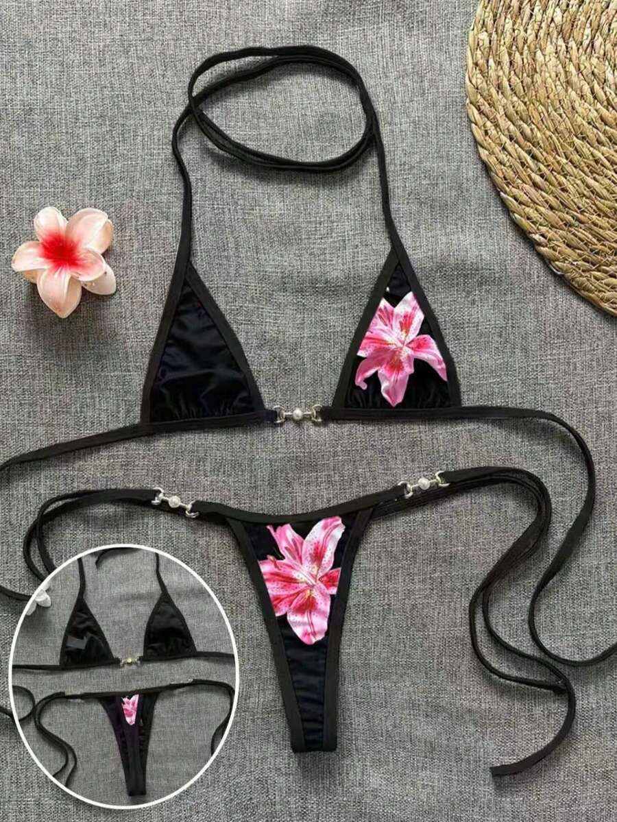 Swim Vcay Swim SXY 2pcs Women's New Floral Print Spaghetti Strap Backless Micro Triangle Top And Thong Sexy Bikini Set Set