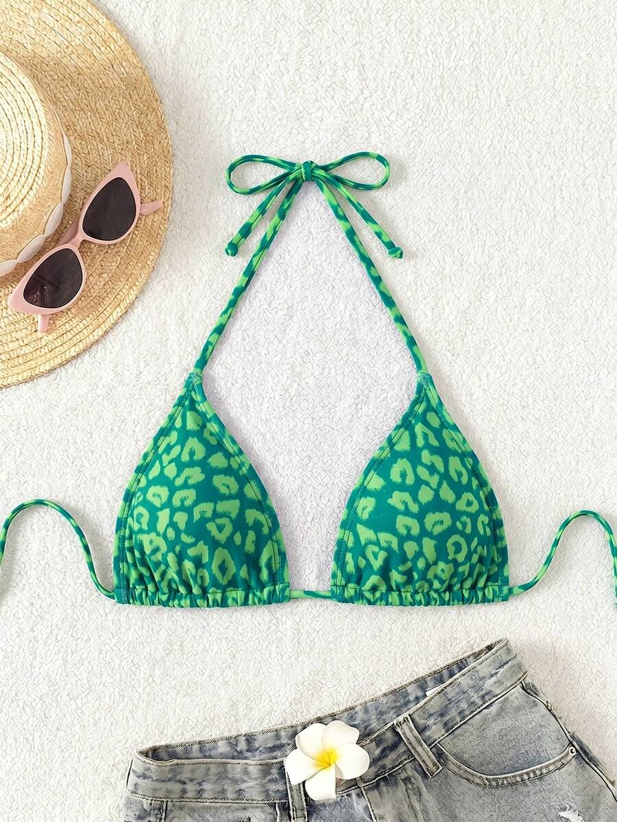 Swim Vcay 1pc Women's Leopard Print Halter Bikini Top For Summer Beach Vacation