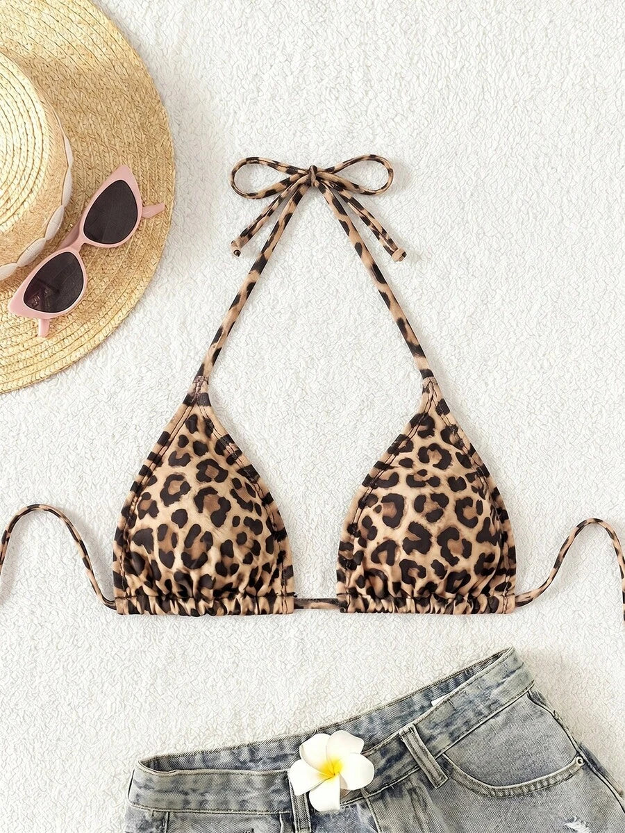 Swim Vcay 1pc Women's Leopard Print Halter Bikini Top For Summer Beach Vacation