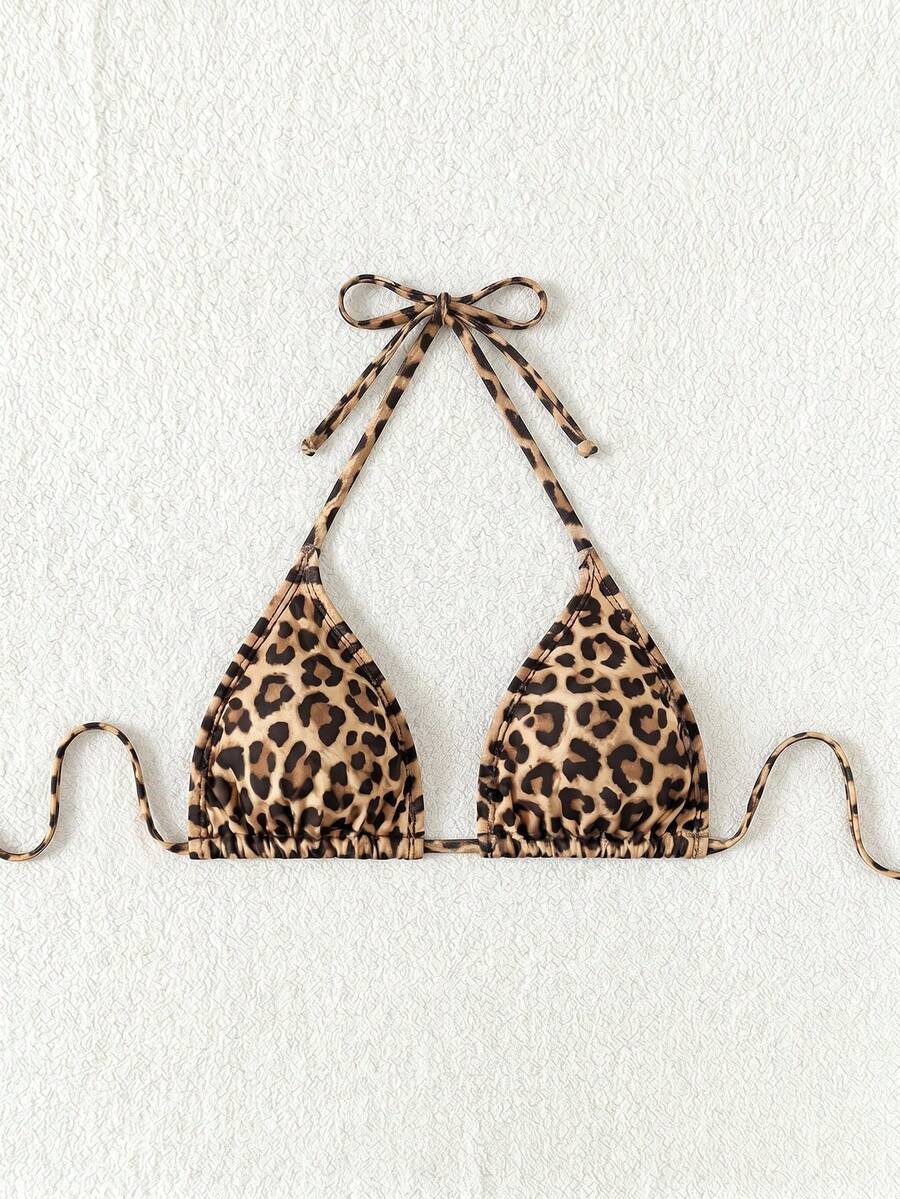 Swim Vcay 1pc Women's Leopard Print Halter Bikini Top For Summer Beach Vacation