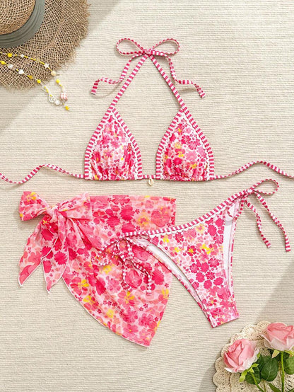 Swim Vcay Women Summer Vacation Floral Print Halter Bikini Set With Coverup & Skirt 3-Piece, Random Print