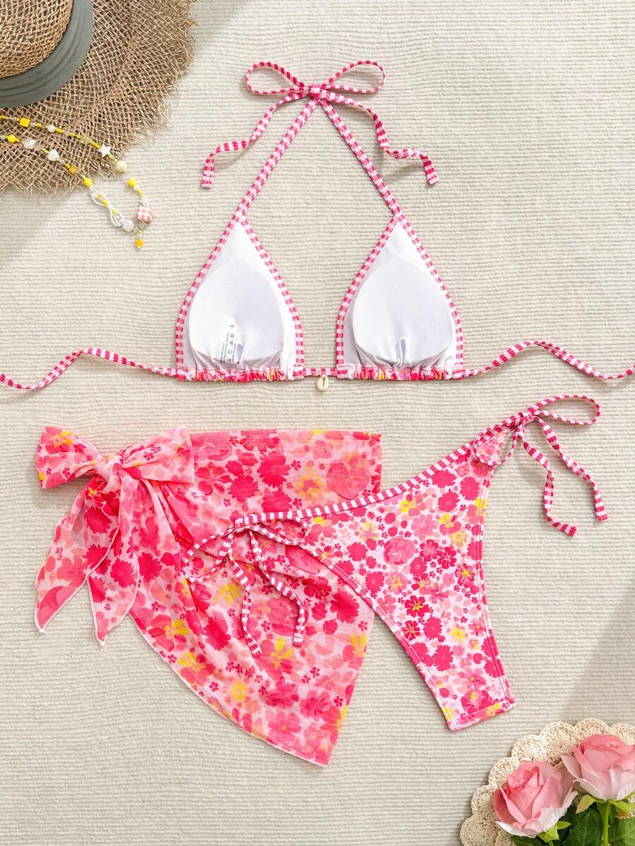 Women's 3-Piece Floral Halter Bikini Set - Skirt Bottom, Backless, High Waist, Blue and White