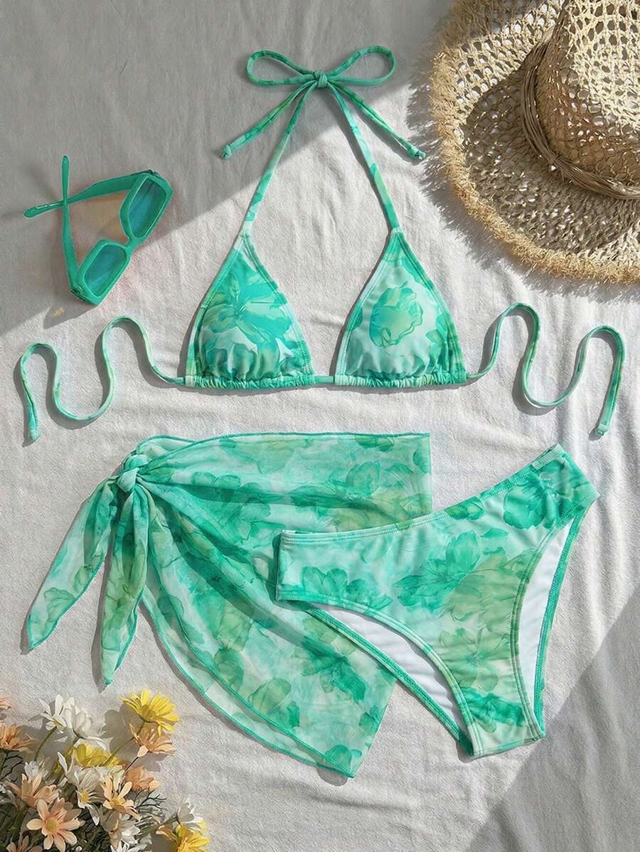 Women's 3-Piece Solid Halter Bikini Set - Knot Detail, Skirt Cover-Up, Triangle Cup, Red