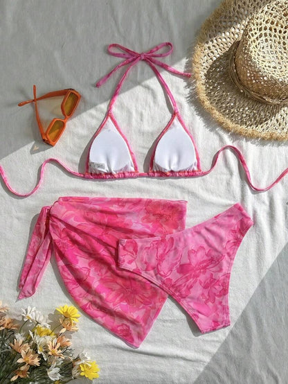 Women's 3-Piece Solid Halter Bikini Set - Knot Detail, Skirt Cover-Up, Triangle Cup, Red