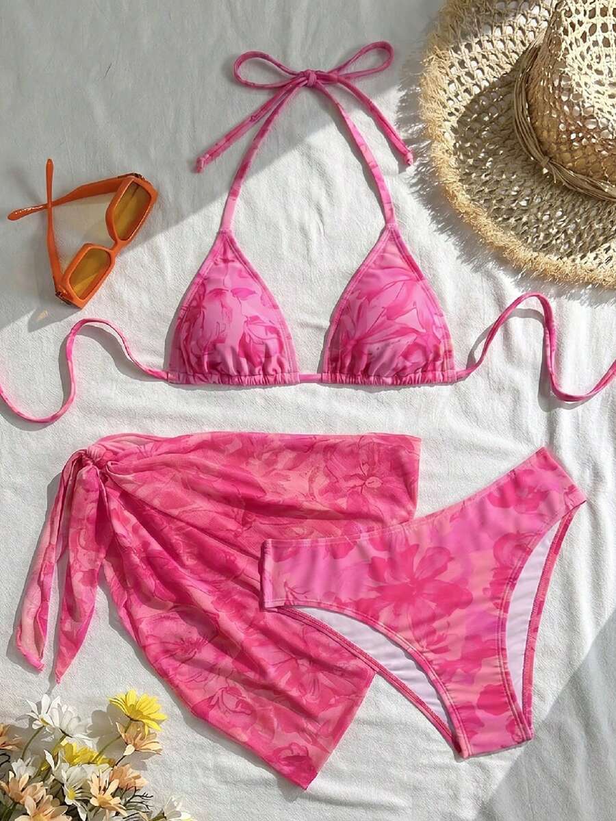 Women's 3-Piece Solid Halter Bikini Set - Knot Detail, Skirt Cover-Up, Triangle Cup, Red