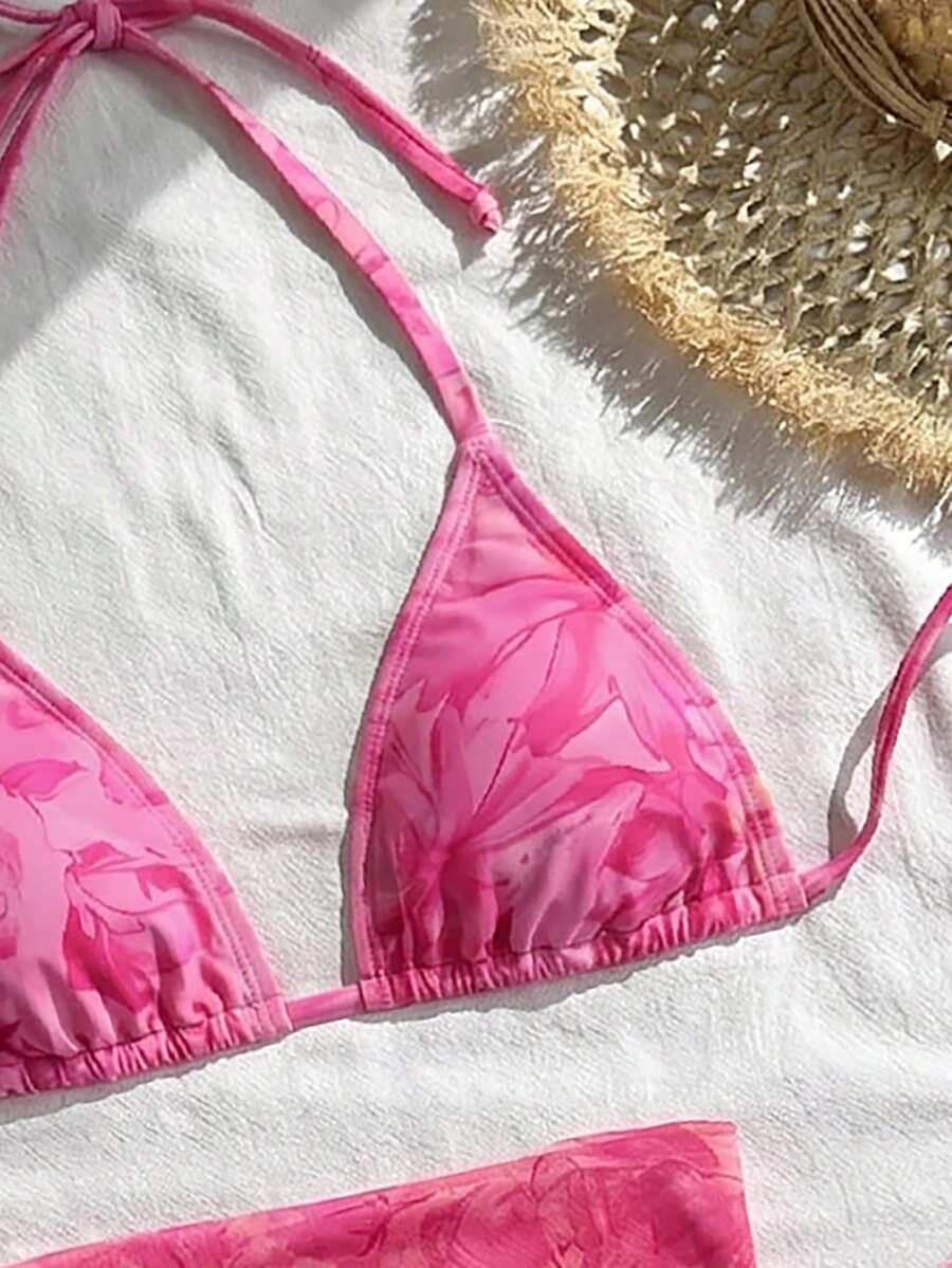 Women's 3-Piece Solid Halter Bikini Set - Knot Detail, Skirt Cover-Up, Triangle Cup, Red