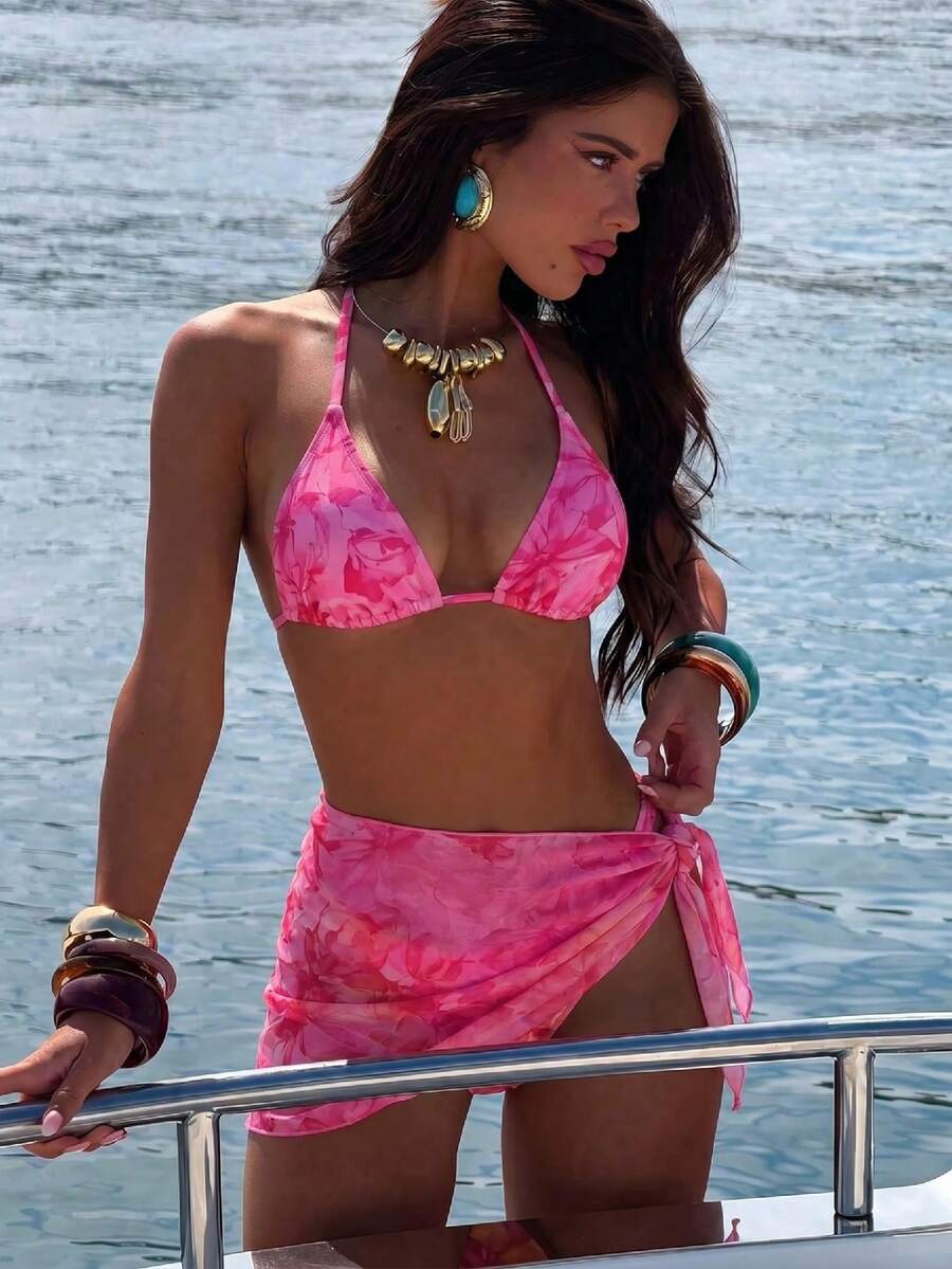Women's 3-Piece Solid Halter Bikini Set - Knot Detail, Skirt Cover-Up, Triangle Cup, Red