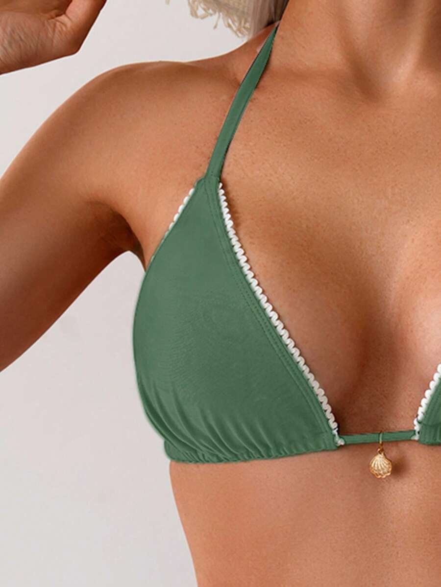 Women's 2-Piece Halter Bikini Set - Wave Ruffle, Metal Pendant, Tie Back, Black