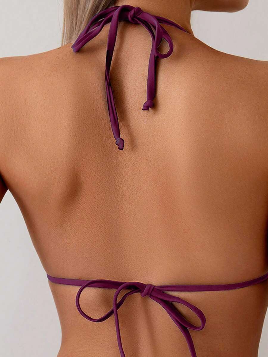 Women's 2-Piece Halter Bikini Set - Wave Ruffle, Metal Pendant, Tie Back, Black
