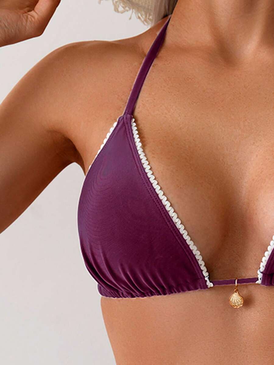Women's 2-Piece Halter Bikini Set - Wave Ruffle, Metal Pendant, Tie Back, Black