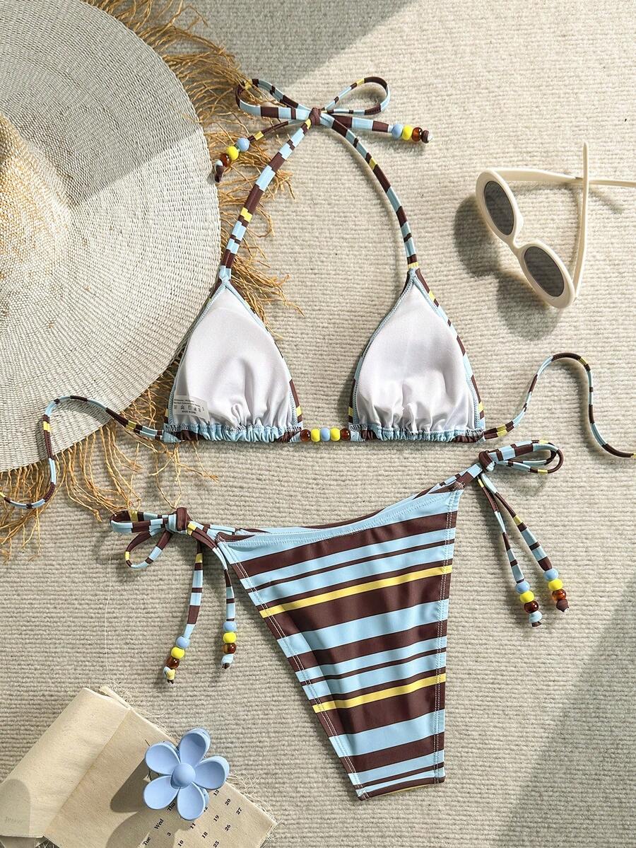 Swim Vcay Women's Solid Color Halter Tie Backless Sexy Thong Bikini Set Bikini Triangle Lemon Bikini Yellow Bathing Suits Light Yellow Bikini String Bikini Set