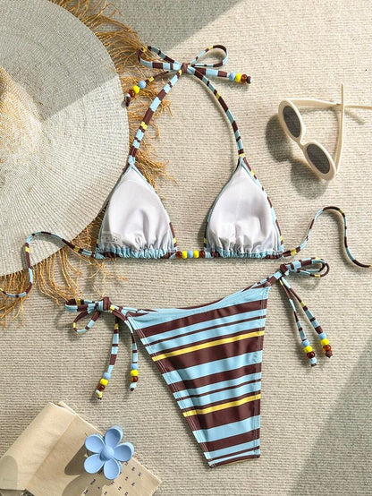 Swim Vcay Women's Solid Color Halter Tie Backless Sexy Thong Bikini Set Bikini Triangle Lemon Bikini Yellow Bathing Suits Light Yellow Bikini String Bikini Set