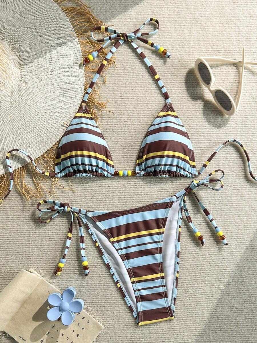 Swim Vcay Women's Solid Color Halter Tie Backless Sexy Thong Bikini Set Bikini Triangle Lemon Bikini Yellow Bathing Suits Light Yellow Bikini String Bikini Set