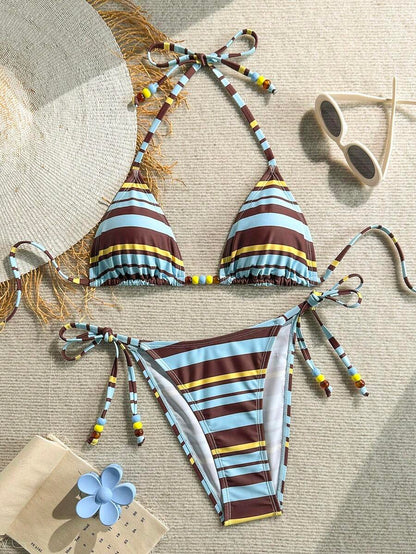 Swim Vcay Women's Solid Color Halter Tie Backless Sexy Thong Bikini Set Bikini Triangle Lemon Bikini Yellow Bathing Suits Light Yellow Bikini String Bikini Set