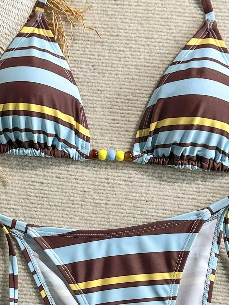 Swim Vcay Women's Solid Color Halter Tie Backless Sexy Thong Bikini Set Bikini Triangle Lemon Bikini Yellow Bathing Suits Light Yellow Bikini String Bikini Set