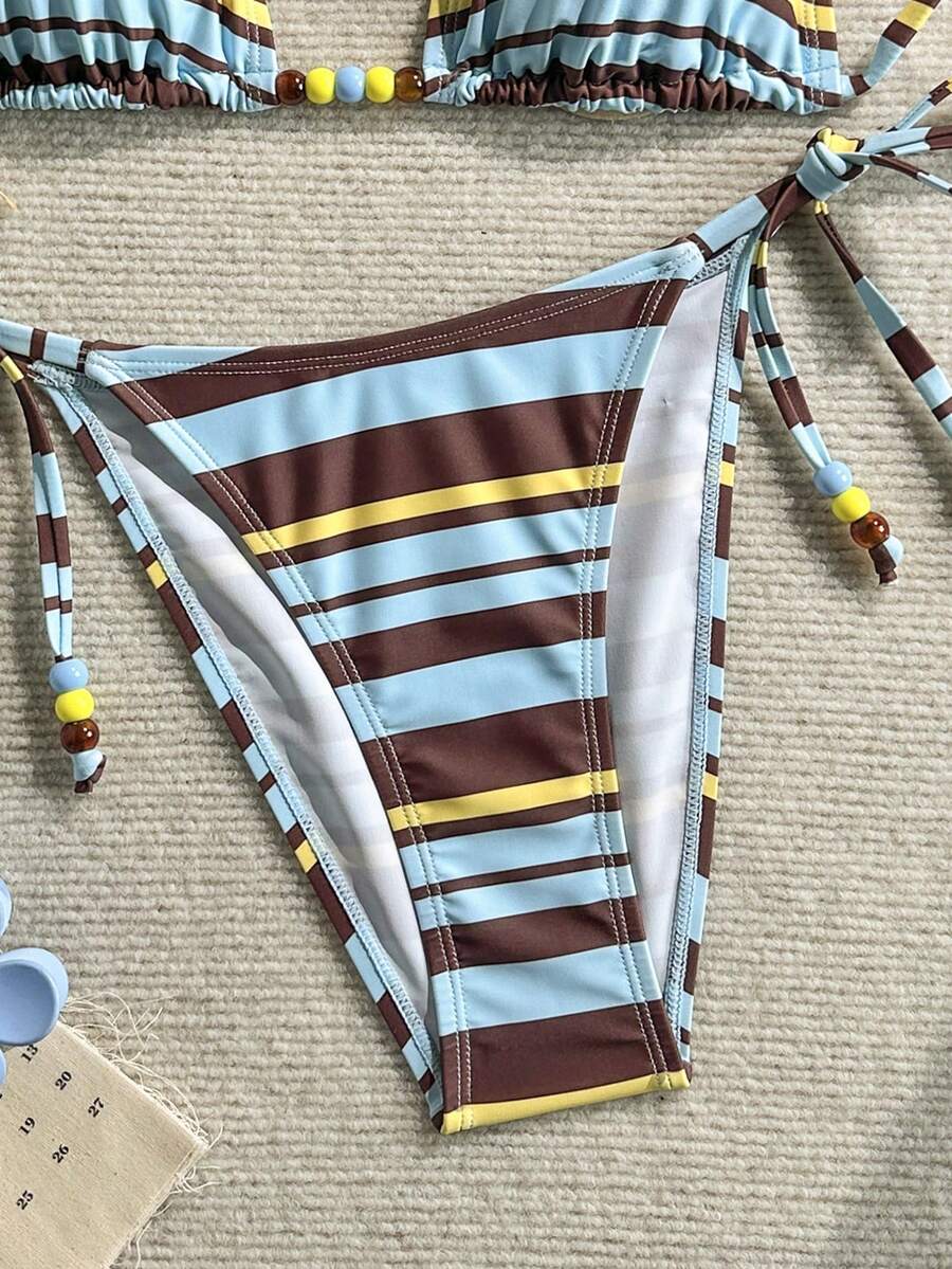 Swim Vcay Women's Solid Color Halter Tie Backless Sexy Thong Bikini Set Bikini Triangle Lemon Bikini Yellow Bathing Suits Light Yellow Bikini String Bikini Set