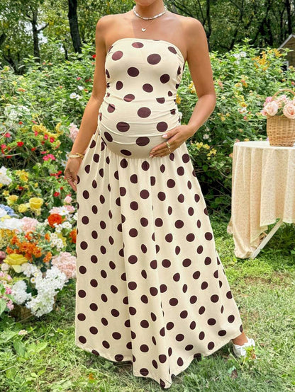 Yellow Polka Dot Strapless Maternity Maxi Dress – Elegant Ruched High Waist Boho Tube Dress for Summer Street Style and Photoshoots