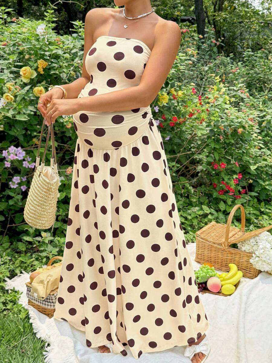 Yellow Polka Dot Strapless Maternity Maxi Dress – Elegant Ruched High Waist Boho Tube Dress for Summer Street Style and Photoshoots