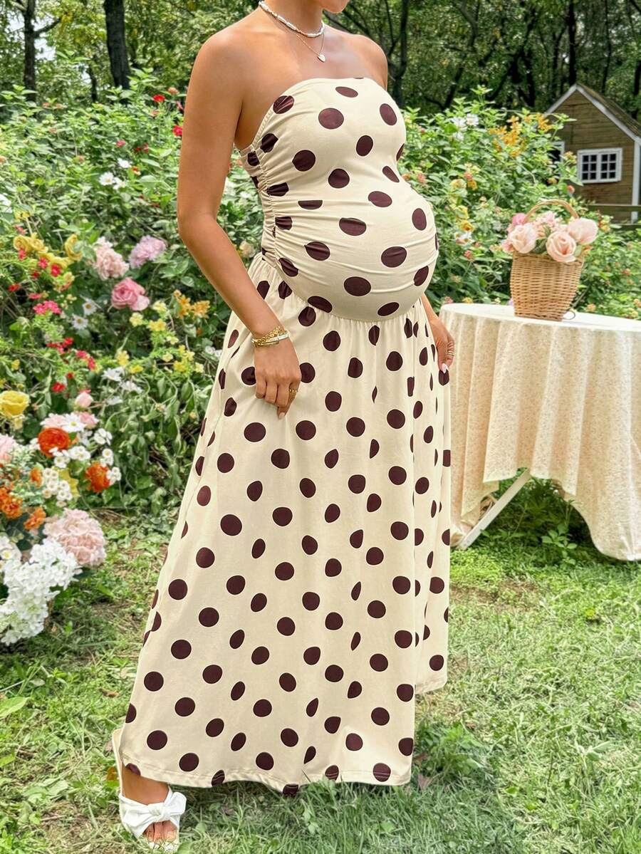 Yellow Polka Dot Strapless Maternity Maxi Dress – Elegant Ruched High Waist Boho Tube Dress for Summer Street Style and Photoshoots