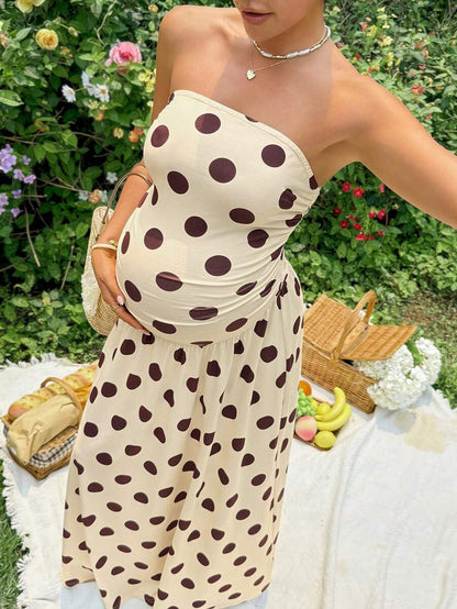 Yellow Polka Dot Strapless Maternity Maxi Dress – Elegant Ruched High Waist Boho Tube Dress for Summer Street Style and Photoshoots