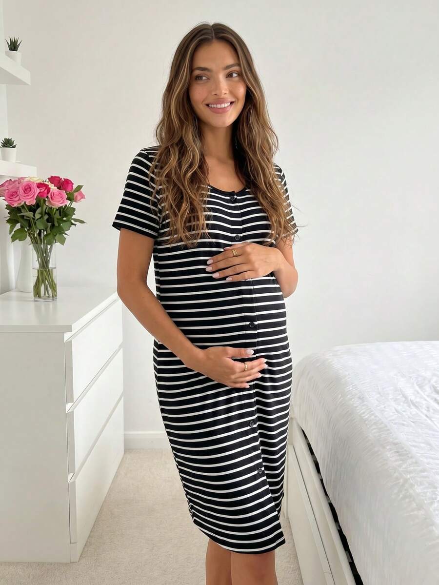 Maternity Striped Short Sleeve Pajama Dress Black Round Neck Casual Sleepwear and Loungewear Tee Dress for Pregnancy